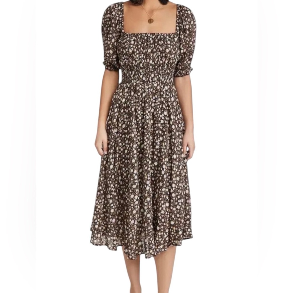 Spell & The Gypsy Rae Cotton Blend Floral Puff Sleeve Square Neck Midi Dress